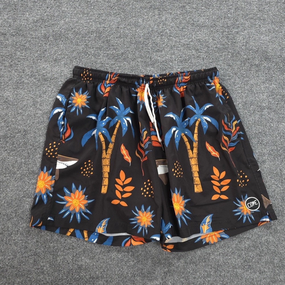 Cove‎ USA Shorts Mens 38 Black Tropical Floral Shark Swim Trunks Beach Surf